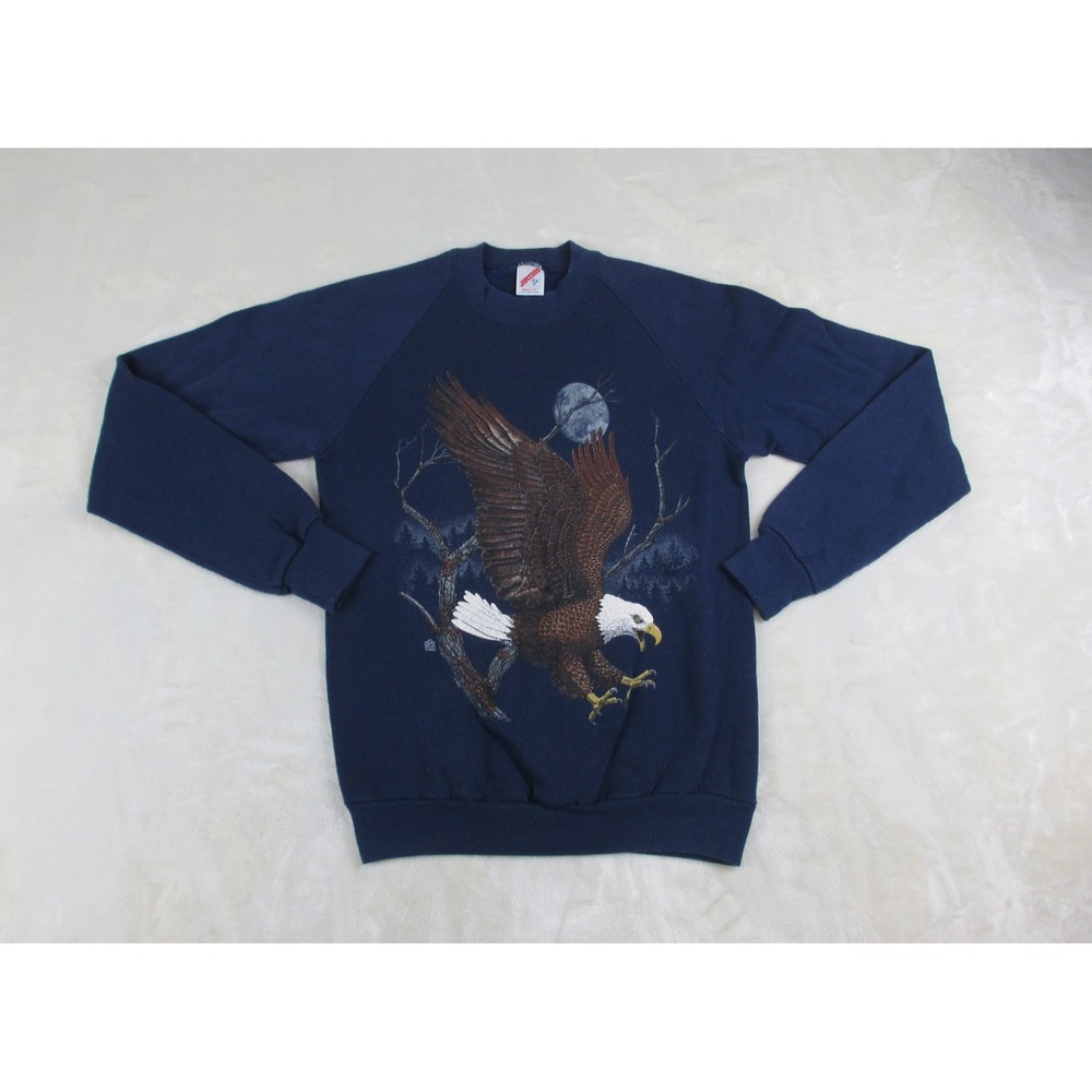 VINTAGE JERZEES Sweater Mens Medium Blue Bald Eagle Made In USA‎ Pullover*